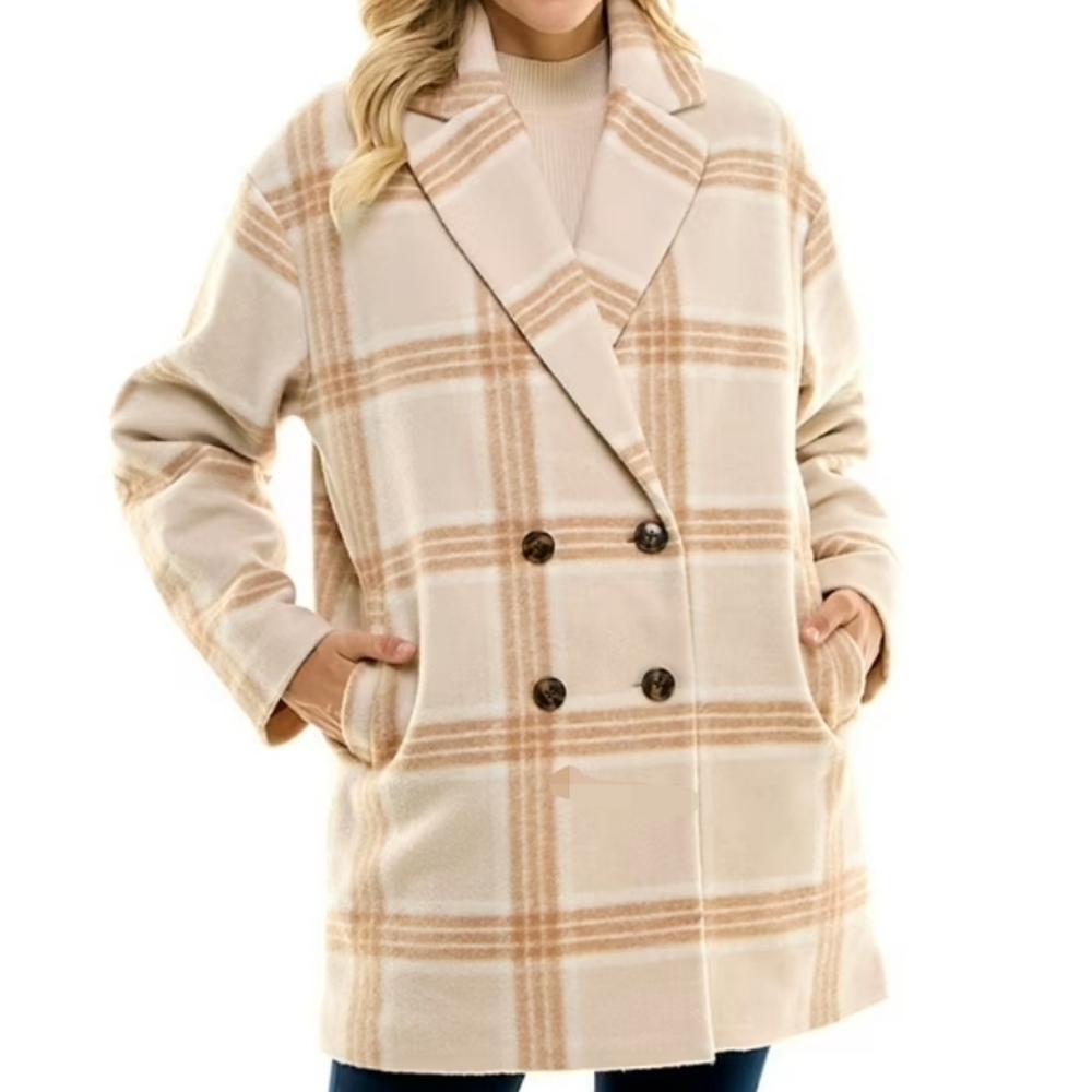 Time & Tru Brushed Twill Plaid Coat Brown Acorn Medium Beige.‎